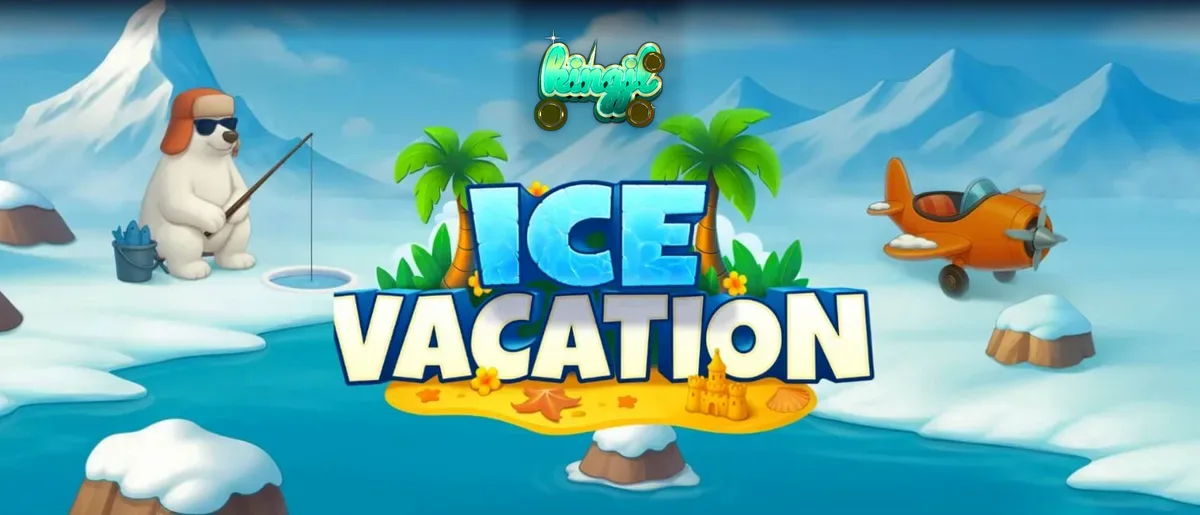 Ice Vacation slot game interface featuring a polar bear and tropical-themed arctic symbols.